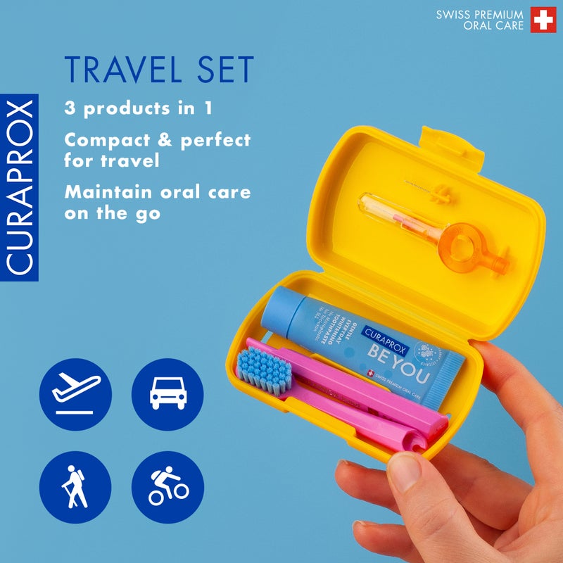 CURAPROX Travel Set Yellow I Includes CS 5460 Travel Toothbrush, 10ml Be You Toothpaste, CPS Prime 07 & 09 Interdental Brushes I Compact Oral Care Kit for On-the-Go - Image 3